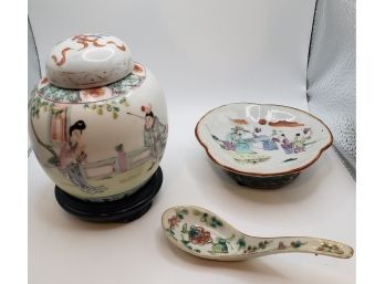 Small Asian Bowl With Soup Spoon, And Asian Vase On Stand