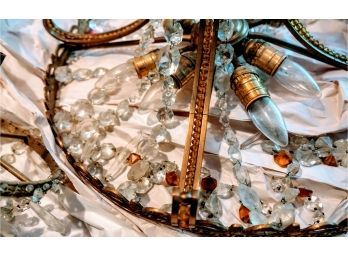 Antique Chandelier In Need Of Repair With Amber And Clear Crystals, Brass Base