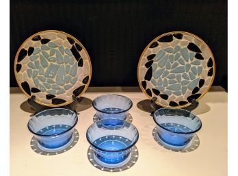 Four Pyrex Custard Dishes In Blue Two  Decorative Tile Hot Plates MCM