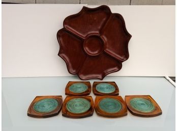 Six Mid-Century Coasters With Wooden Serving Platter