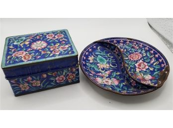 Vintage Antique ? Cloisonne Miniature Matching  Asian Bowl And Trinket Box With Floral Design