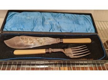 Antique Fish Serving Knife And Fork Sheffield Edwardian Faux Bone Handles