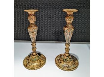 Very Rare Hand Painted Brass Candle Stick Holders