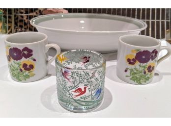 Arabia Bowl Made In Finland, 2 Floral Mugs And Bird Glass
