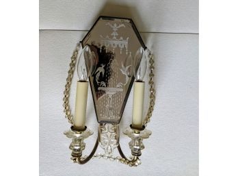 Victorian Antique Etched Mirrored Light Fixture With 2 Bulbs And Hanging Crystals  Beautiful!