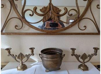 Two Unusual Brass Candle Holders Paired With Brass Footed Pot - Very Unique