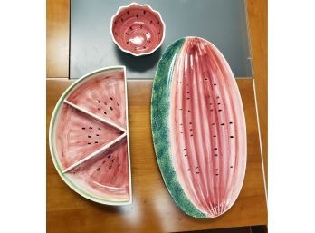 Adorable Set Of Watermelon Serving Dishes, Platter, Divided Platter And Bowl