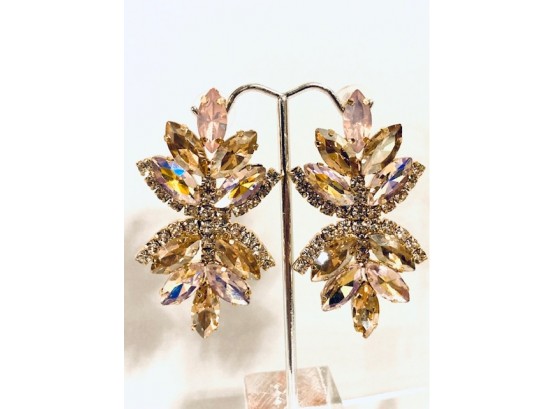 Elegant Gold Tones Statement Earrings With AB-coated Topaz Rhinestones