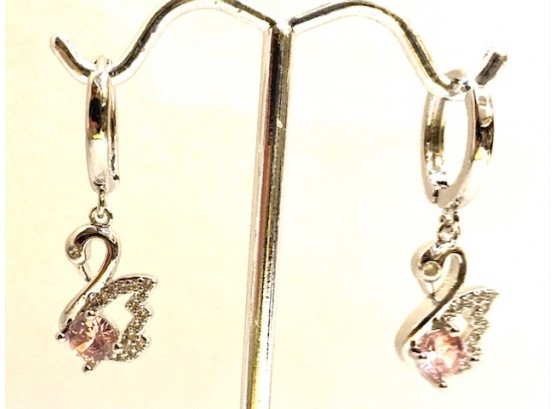 925 Sterling Silver Swan Drop Earrings With Pink Stone