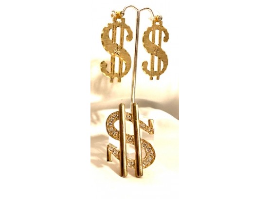 All About The Benjamins - Gold Tone And Rhinestone Money Sign Earrings And Brooch
