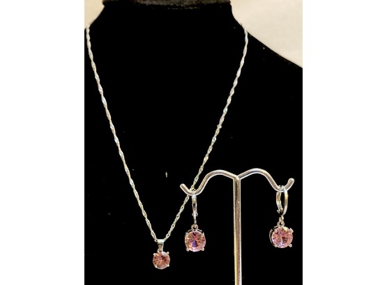 Stunning 925 Sterling Silver And Pink Solitaire Necklace And Earring Set