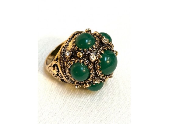 Gold Tone And Emerald Tone Ladies Cocktail Ring - Size 8