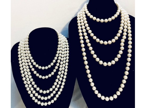 Two Flapper-style Single-strand Pearl Necklaces