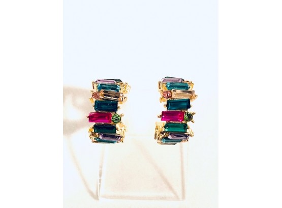Multi-colored Stones Set In Gold Tone Hoops
