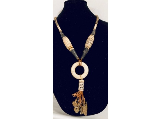 Stunning Carved Bone And Leather Statement Necklace