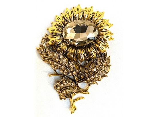 Large Figural Flower Brooch With Rhinestone Accents