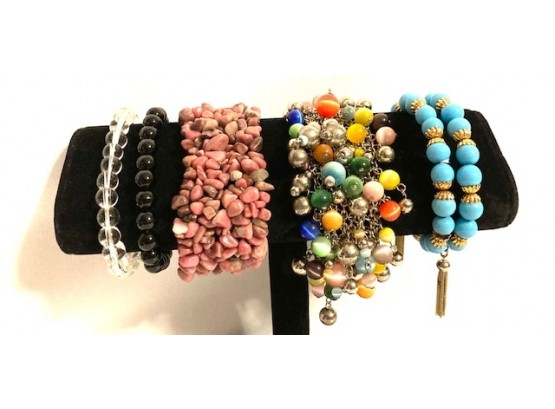 Collection Of Five Bracelets - Natural Stone And Glass Bead