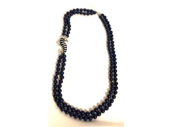 Amazing Dual-strand Navy Blue Bead Necklace With Asymmetrical Seahorse