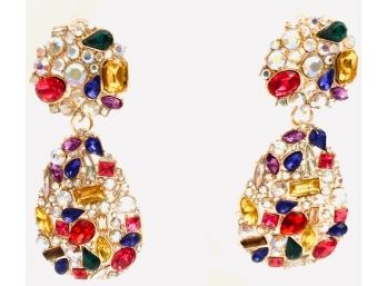 Sensational Over-the-top Rhinestone And Gold Tone Earrings