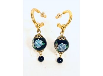 Gold Tone And Navy Blue Floral Bead Drop Earring