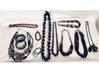 Grouping Of 15 Black Bead Motif Necklaces, Bracelets, Etc.