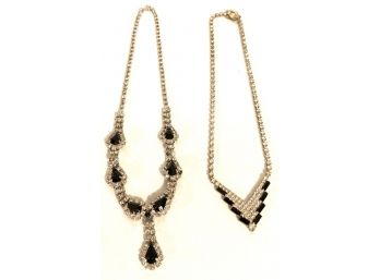 Two Sensational Vintage Jet Black And Clear Rhinestone Necklaces