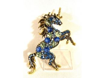 Gold Tone Unicorn Brooch With Blue And Green Rhinestones