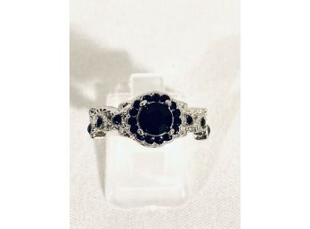 Silver Tone Ladies Ring With Deep Dark Blue Stones - Size 6