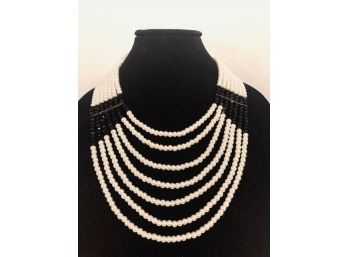 Elegant 7-strand Bib-style Faux Pearl And Black Faceted Bead Necklace