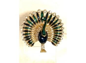 Vibrant Gold Tone And Rhinestone Peacock Brooch