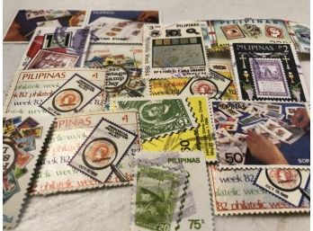 Collection Of Hundreds Of Filipino Stamps In A Box