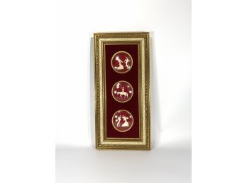 Natural Material Carved Figures In Convex Lens Shadow Box Felt Lined Frame