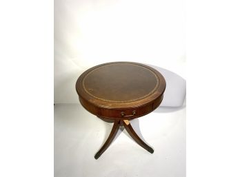 Single Drawer Tooled Leather Top Mahogany Drum Table For Repair*
