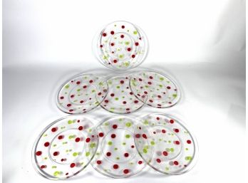 (7) Red & Green Polka Dot Plastic Dishes
