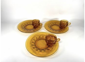 Vintage - Amber Glass - Dimpled Plate & Cup Trio