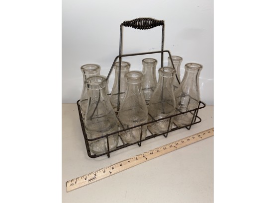 Vintage Metal Milk Carrier 8 Whiting Milk Companies Quart Clear Glass Bottles