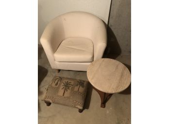 White Chair Footstool And Coral Top End Table