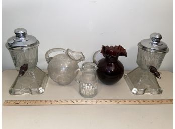 Vintage Glass Beverage Dispensers Etched Handblown Glass Pitchers