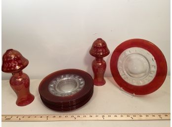 8 Tiffin Kings Crown? 10.25 Glass Plates Ruby Red Thumbprint Cranberry Hurricane Shades 6.5