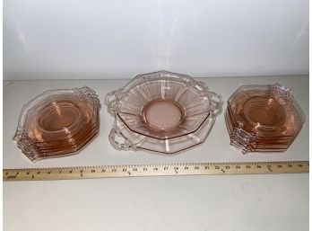 Pretty Pink Depression Octagon Dessert Or Salad Plates With Bowl And Platter Set
