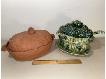 Clay Roasting Pan And Broccoli Shaped Tureen With Ladle And Plate