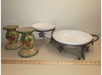 White Ceramic Chip And Dip Set With Metal Stand Leaf Motif And Mosaic Candle Holders