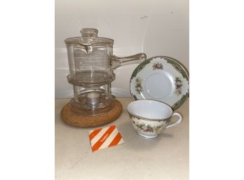 Boda Nova Glass Pot Cork Trivet And Tea Cup And Saucer