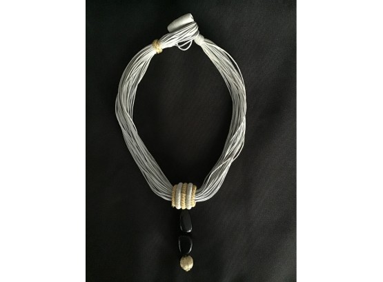 Statement Necklace - Grey Cloth Strands With Black Stones, Gold Thread Detail