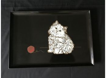 Whimsical Couroc Of Monterey Tray With Brass Kitty And Yarn, Black Phenolic Resin
