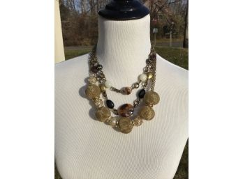 Two Necklaces - Soft Gold Netted Balls And Double Layer Beaded