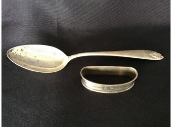Sterling Silver Serving Spoon And Antique Oblong Napkin Ring Monogrammed AW