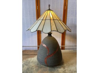 Ceramic Art Table Lamp With White & Gray Stained Glass Shade 12x27in