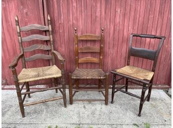 3 Wooden Chairs, Two Caned Seats & One Wicker Weave Seat.