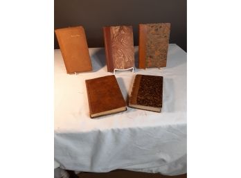 5 Leather-bound Books In Various Languages Each Appx7.5x5 In H